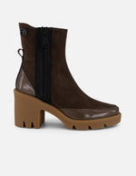 Botines café ante y charol para mujer cierre decorativo