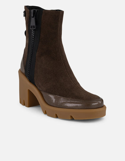 Botines café ante y charol para mujer cierre decorativo