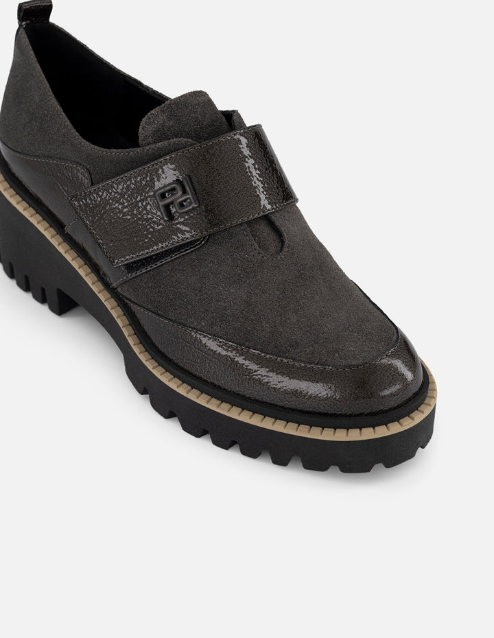 Zapato monk gris ante y charol para mujer charm Pd