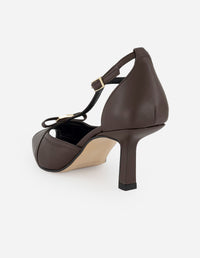 Sandalias café piel para mujer con pulsera en T