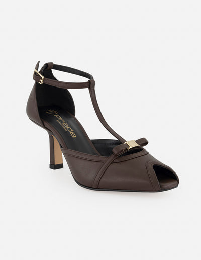 Sandalias café piel para mujer con pulsera en T