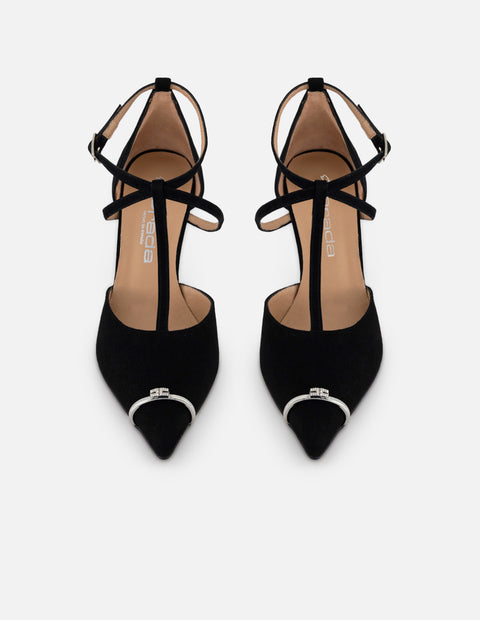 Zapatilla negro ante para mujer con cintas entrecruzadas