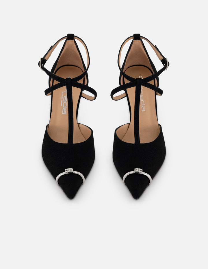Zapatilla negro ante para mujer con cintas entrecruzadas