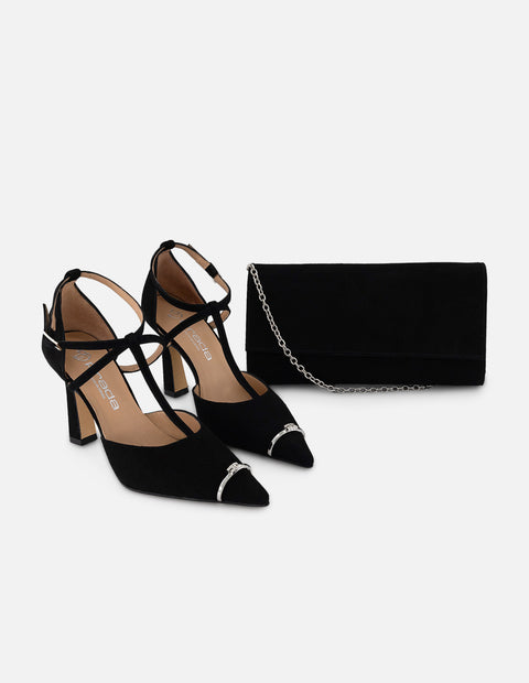 Zapatilla negro ante para mujer con cintas entrecruzadas