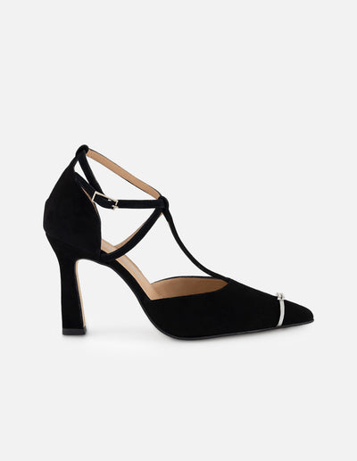 Zapatilla negro ante para mujer con cintas entrecruzadas