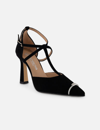 Zapatilla negro ante para mujer con cintas entrecruzadas