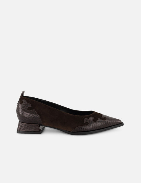 Flats café grabado tejus para mujer con combinación de materiales