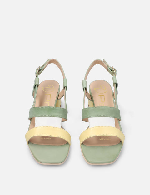 Sandalia tacón bajo en piel multicolor