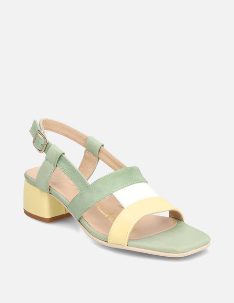 Sandalia tacón bajo en piel multicolor