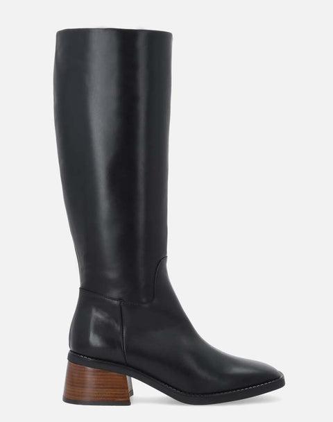 Bota de caña alta de piel napa con tacón pintado madera y punta cuadrada para mujer