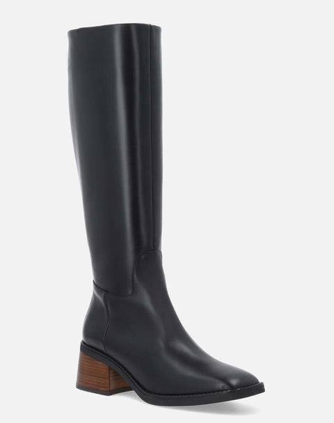 Bota de caña alta de piel napa con tacón pintado madera y punta cuadrada para mujer