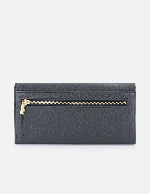 Monedero negro en piel con relieve y broche dorado