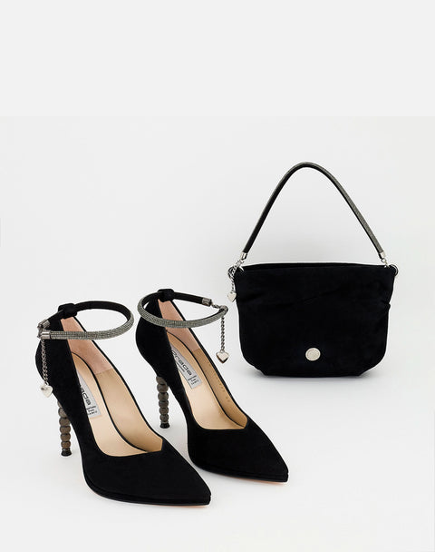 Zapatilla De Ante con pulsera de apariencia cristales  y  Tacón Geométrico