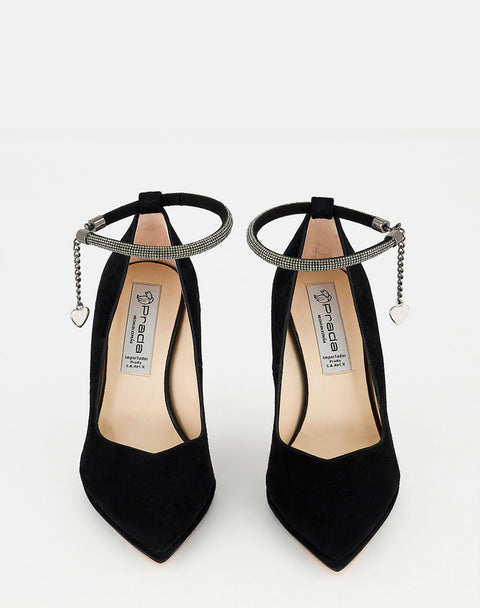 Zapatilla De Ante con pulsera de apariencia cristales  y  Tacón Geométrico