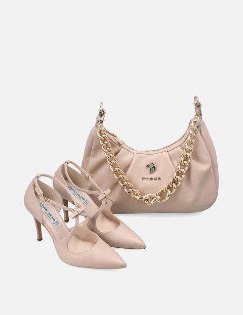 Zapatilla piel tiras cruzadas con moño color nude