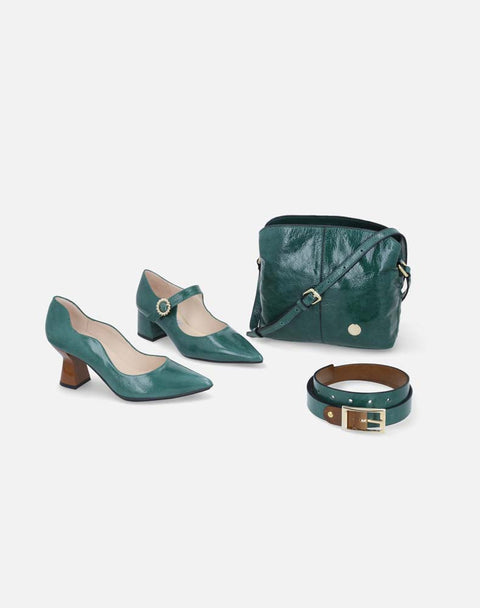 Bolso bandolera en piel charol color verde para mujer
