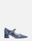 Zapato tipo Mary Jane en piel azul  con hebilla circular con decorado de pedrería para dama