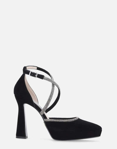 Zapatilla abierta con pulsera cruzada de pedrería encontraste de color para mujer