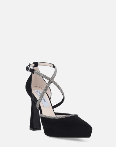 Zapatilla abierta con pulsera cruzada de pedrería encontraste de color para mujer