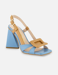 Sandalia de piel color azul para mujer con detalles color dorado