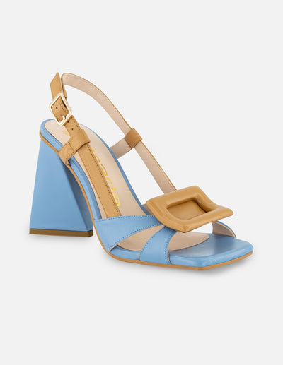 Sandalia de piel color azul para mujer con detalles color dorado
