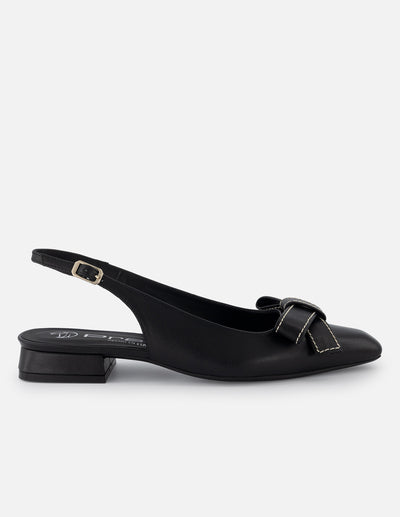 Zapatilla destalonada de piel para mujer color negro con moño decorativo al frente