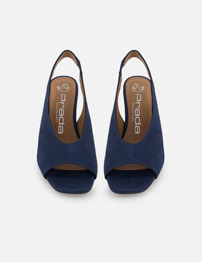 Sandalia de piel ante color marino para mujer con tacón tipo madera