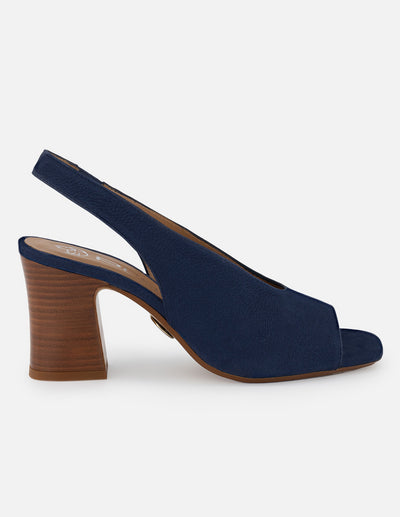 Sandalia de piel ante color marino para mujer con tacón tipo madera