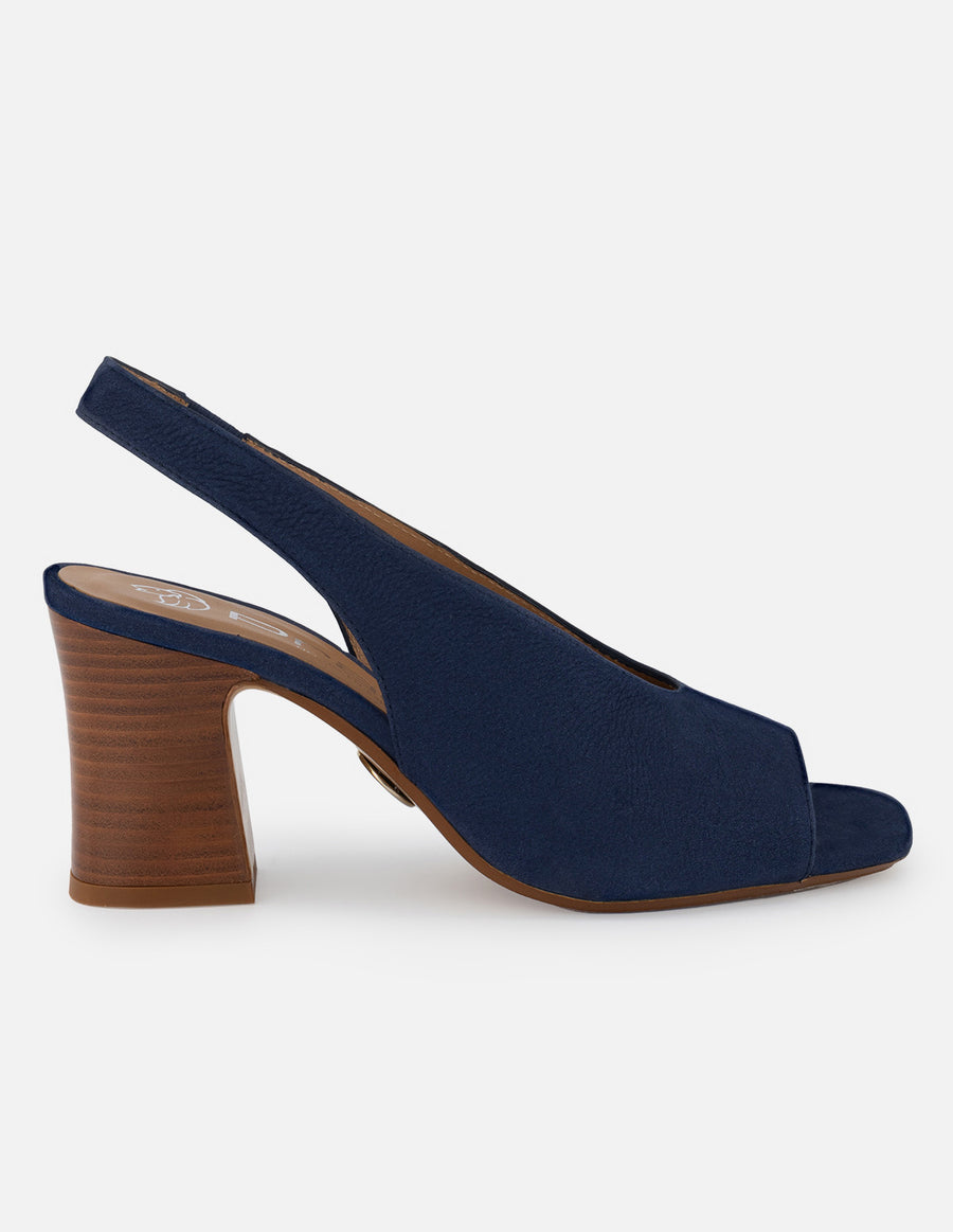 Sandalia de piel ante color marino para mujer con tacón tipo madera