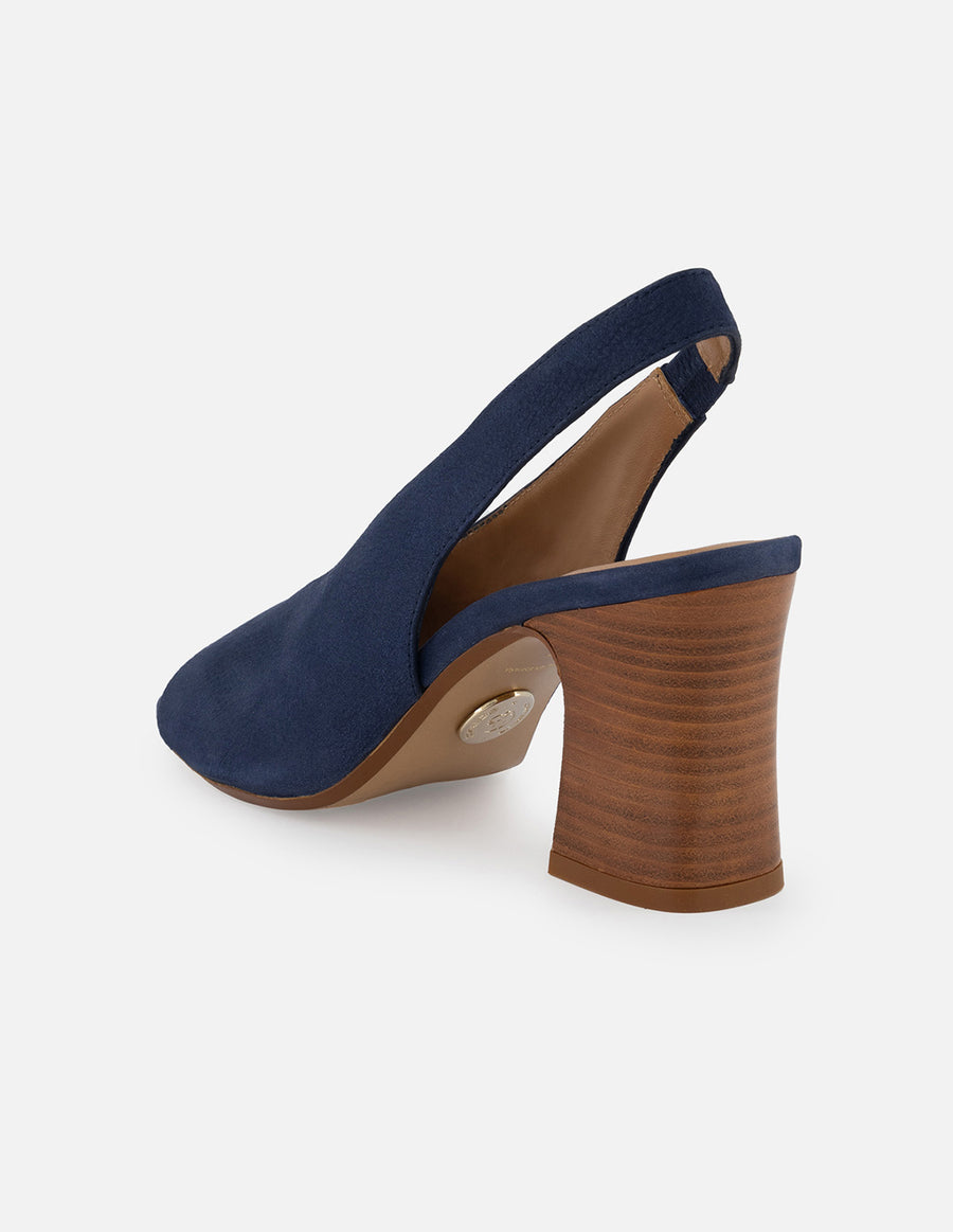 Sandalia de piel ante color marino para mujer con tacón tipo madera