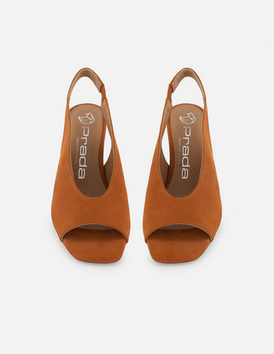 Sandalia de piel ante color teja para mujer con tacón tipo madera