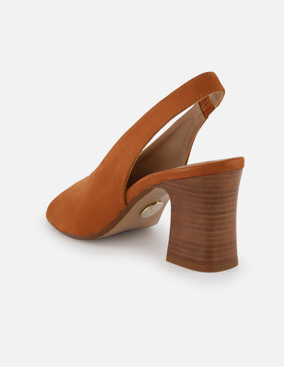 Sandalia de piel ante color teja para mujer con tacón tipo madera