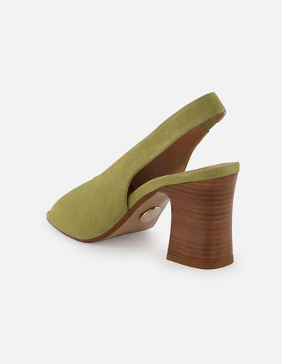 Sandalia de piel ante color verde para mujer con tacón tipo madera