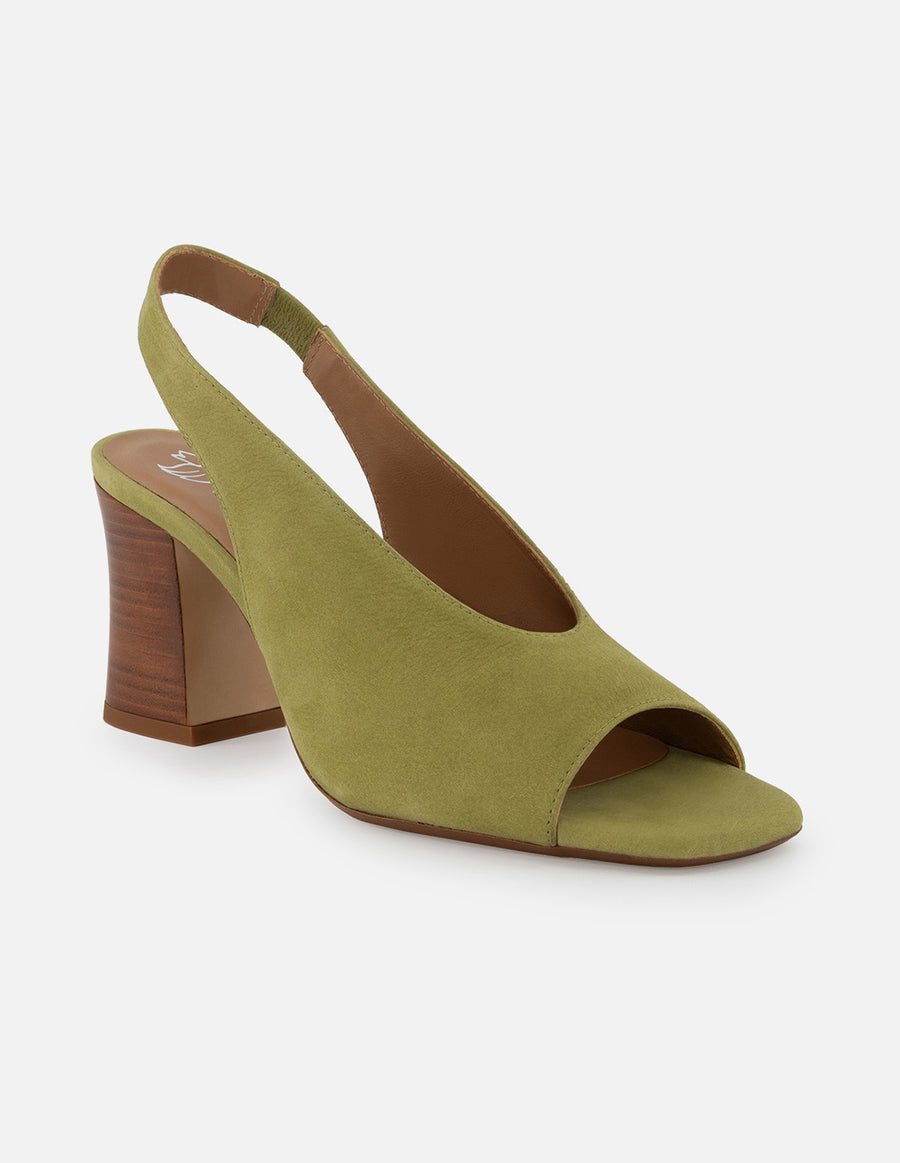 Sandalia de piel ante color verde para mujer con tacón tipo madera