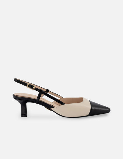 Zapato destalonado de piel color blanco con contraste en negro para mujer con tacón
