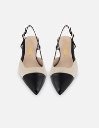 Zapato destalonado de piel color blanco con contraste en negro para mujer con tacón