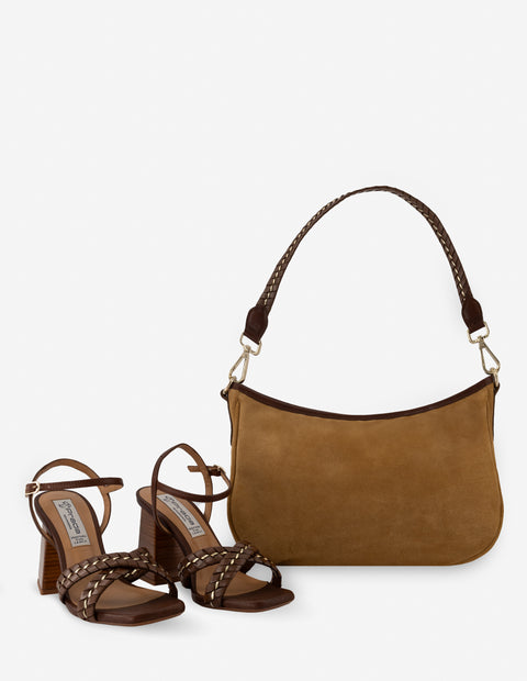 Sandalia de piel trenzada color marrón para mujer