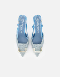 Zapatilla destalonada de rafia color azul y pedrería para mujer
