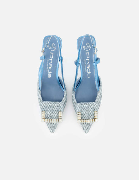 Zapatilla destalonada de rafia color azul y pedrería para mujer