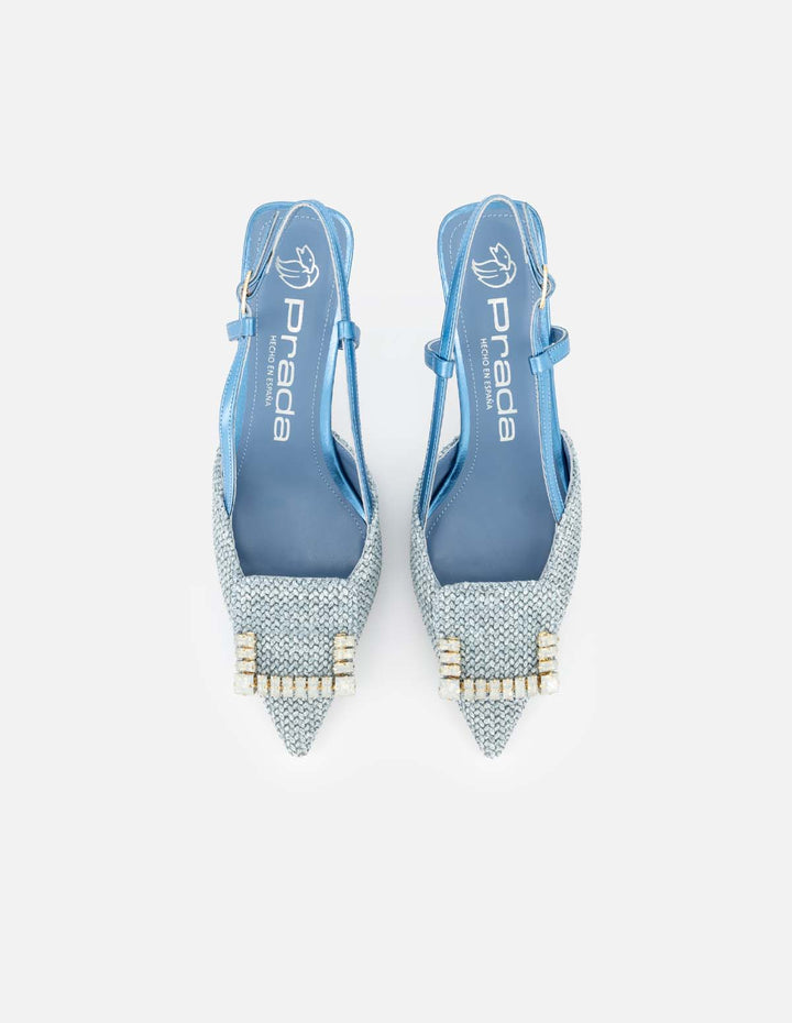 Zapatilla destalonada de rafia color azul y pedrería para mujer