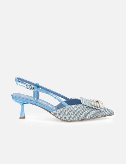 Zapatilla destalonada de rafia color azul y pedrería para mujer