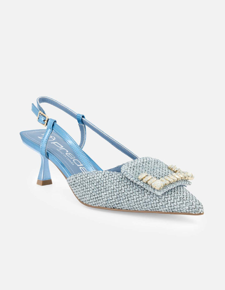 Zapatilla destalonada de rafia color azul y pedrería para mujer