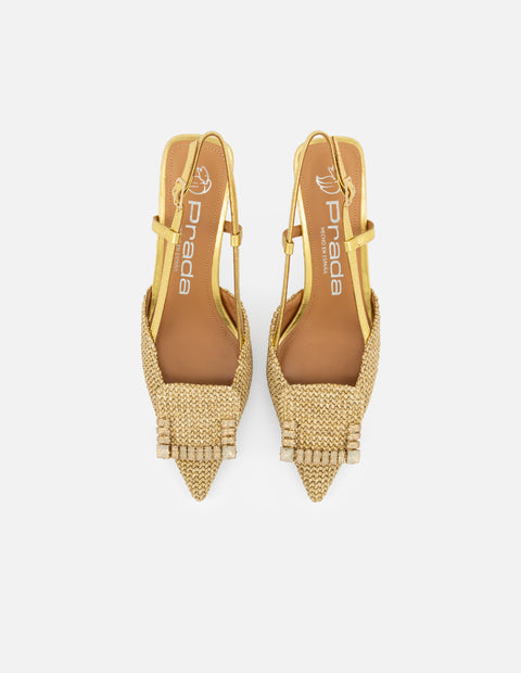 Zapatilla destalonada de rafia color arena y pedrería para mujer