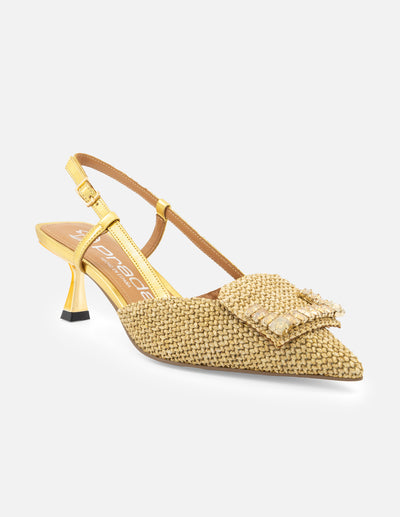 Zapatilla destalonada de rafia color arena y pedrería para mujer