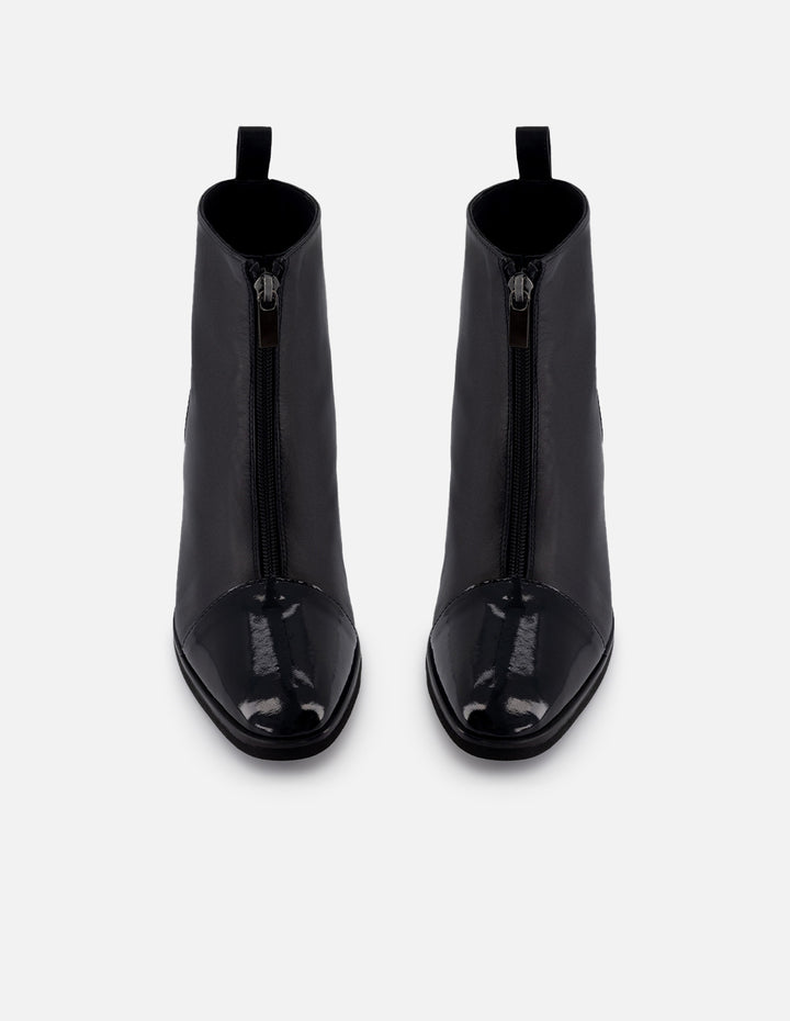 Botín de piel para mujer color negro y detalles en charol y cremallera frontal