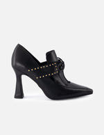 Zapatilla tipo mercedes de piel para mujer color negro con detalle de cordones
