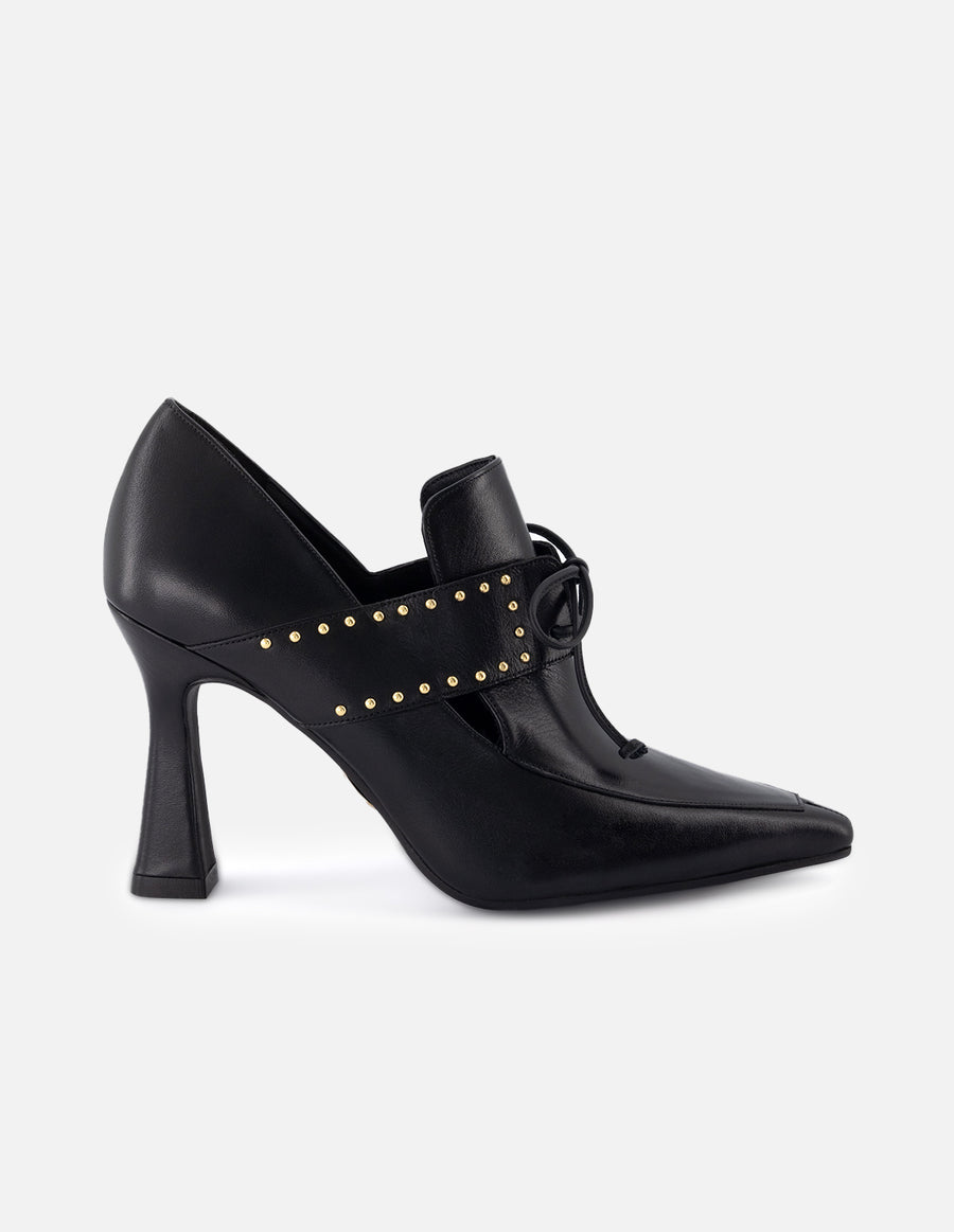 Zapatilla tipo mercedes de piel para mujer color negro con detalle de cordones