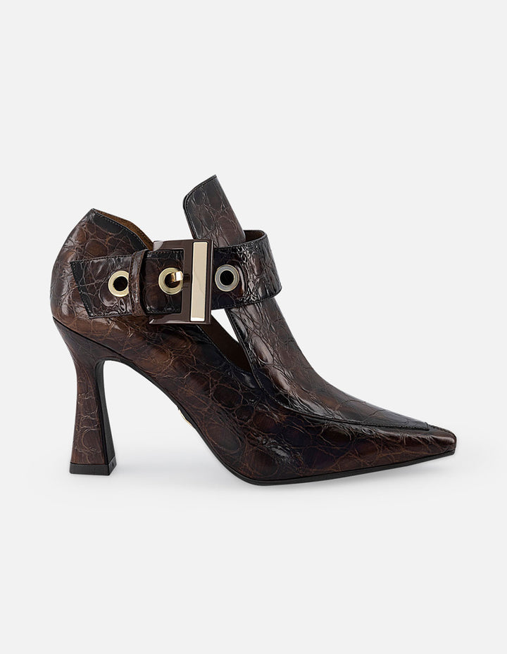 Zapato abotinado de piel con grabado tipo coco para mujer