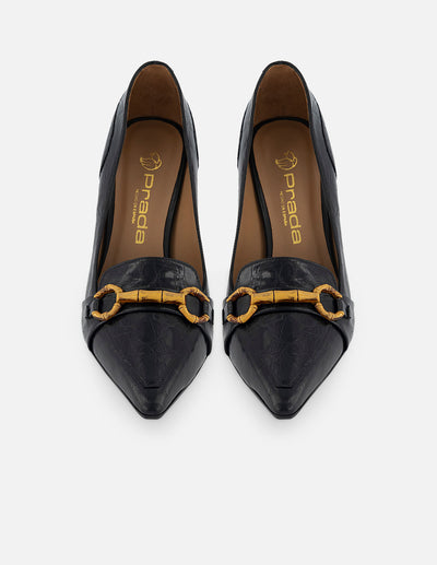 Zapatilla de piel con grabado tipo coco para mujer color negro con tacón de copa