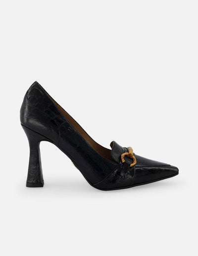 Zapatilla de piel con grabado tipo coco para mujer color negro con tacón de copa